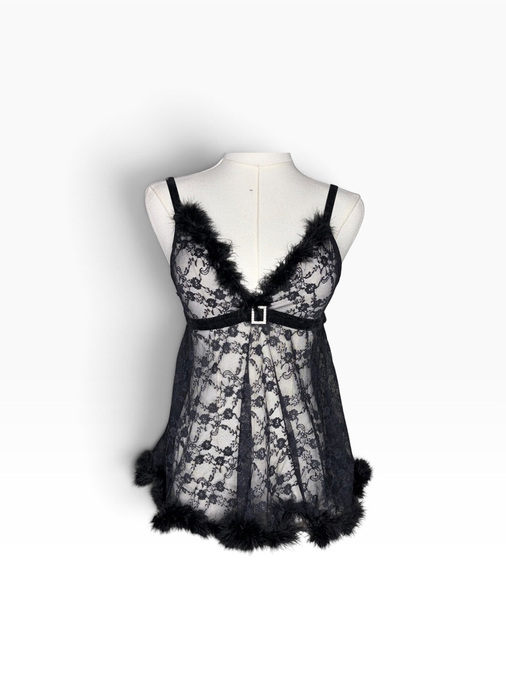 Black Lace Fur Trim Lingerie Slip Dress Cute Coquette Size S